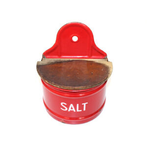 Vintage Röckums Sweden Red Enamel Salt Box Wall Mounted Wooden Lid Scandinavian